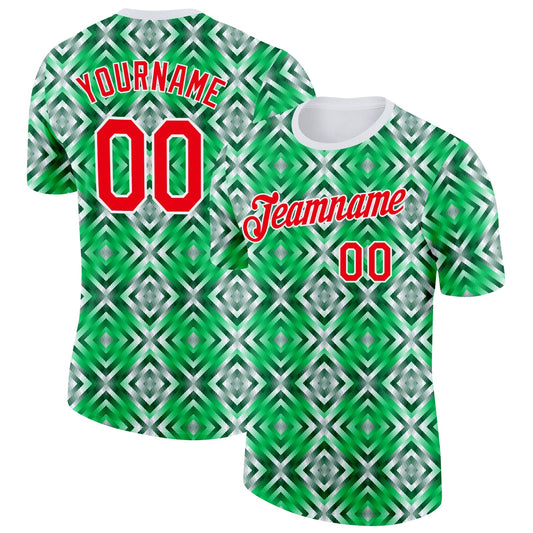 Custom Green Fire Red-White Portugal Geometric Performance T-Shirt - Main View