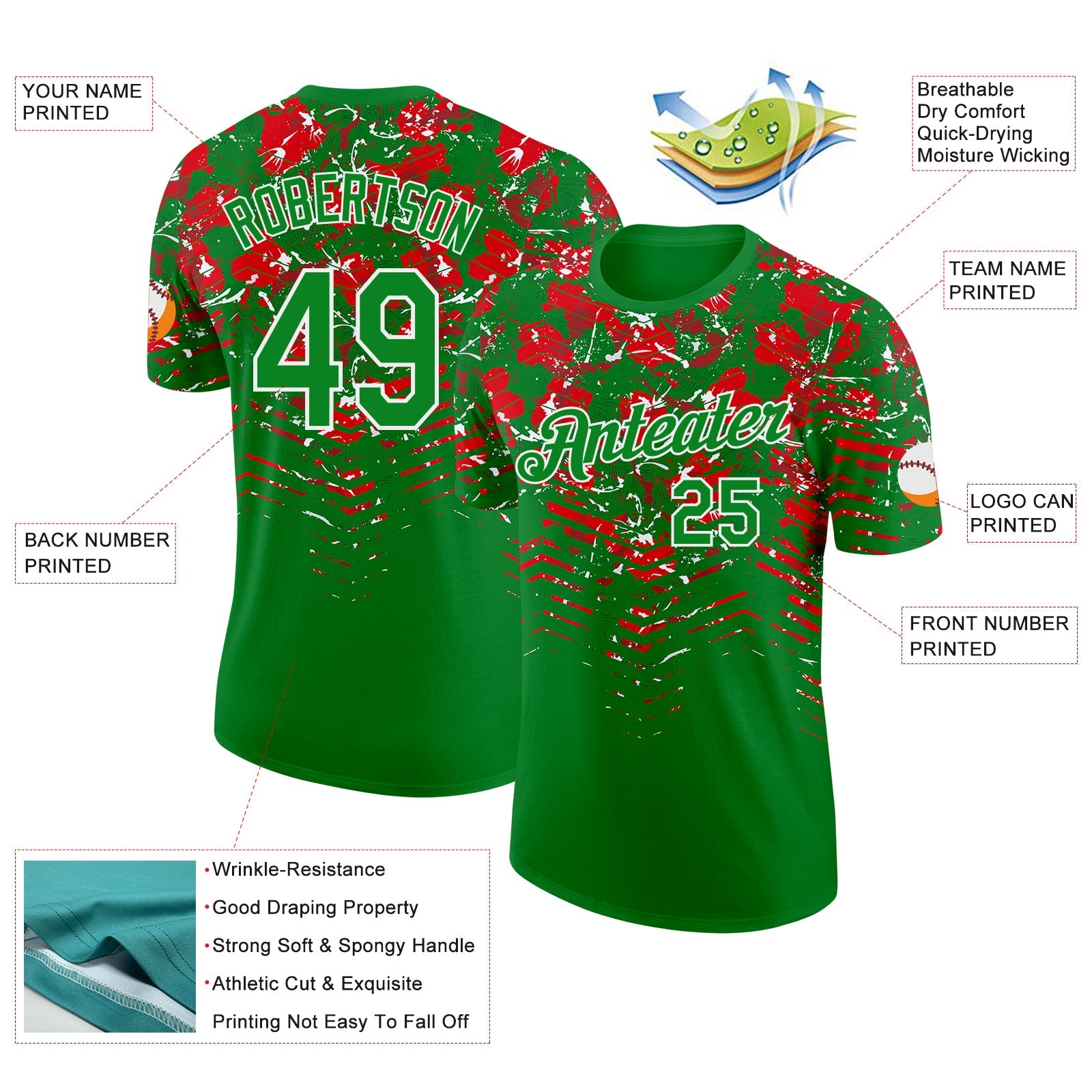Custom Grass Green Red-White Portugal Splash Performance T-Shirt view 2