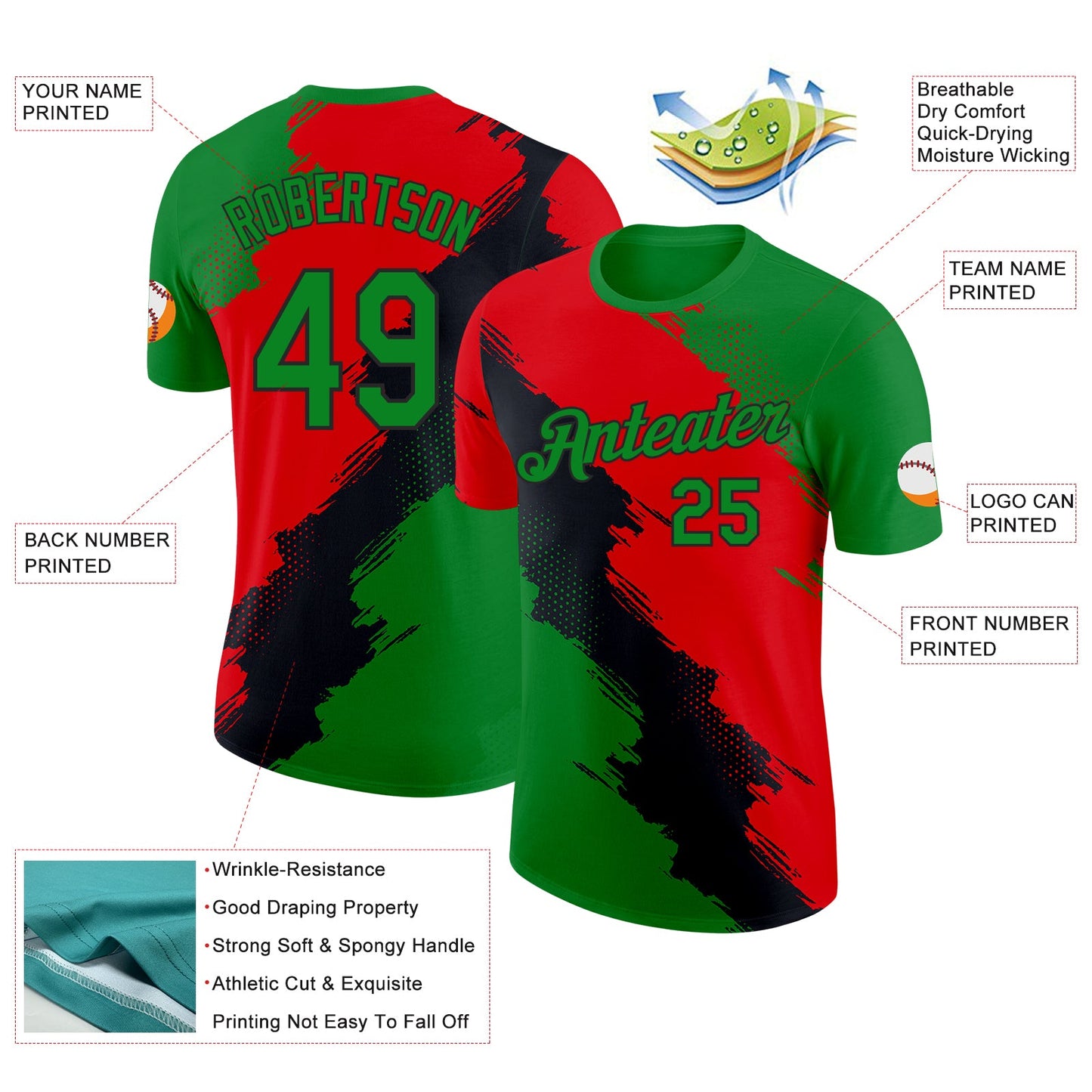 Custom Grass Green Red-Black Portugal Grunge Splash Brush Stroke Polka Dot Performance T-Shirt view 2