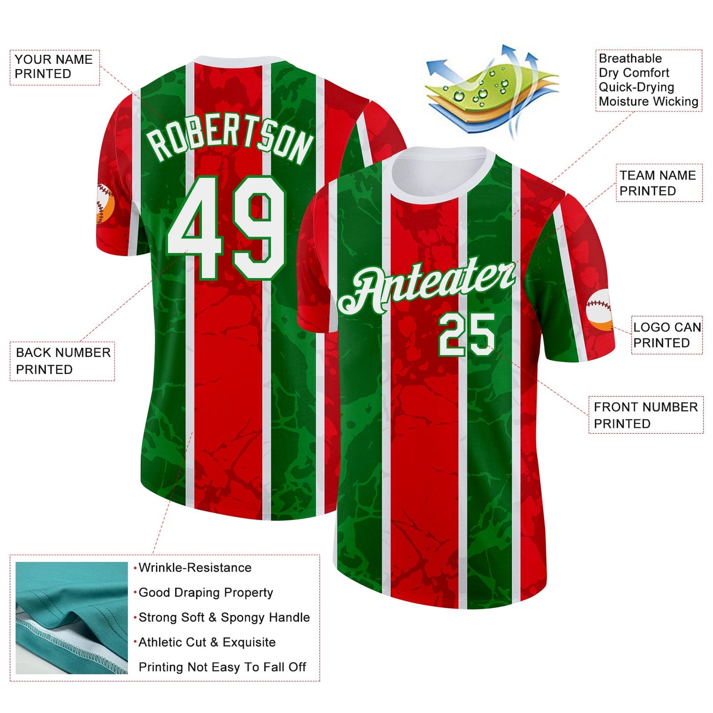 Custom White Grass Green-Red Portugal Grunge Stripe And Splash Performance T-Shirt view 2