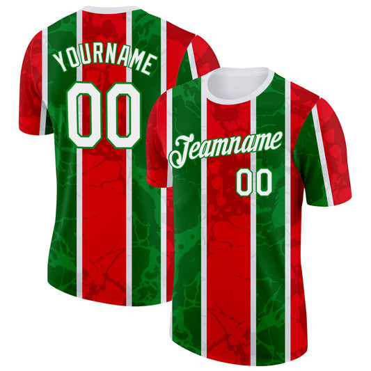Custom White Grass Green-Red Portugal Grunge Stripe And Splash Performance T-Shirt - Main View