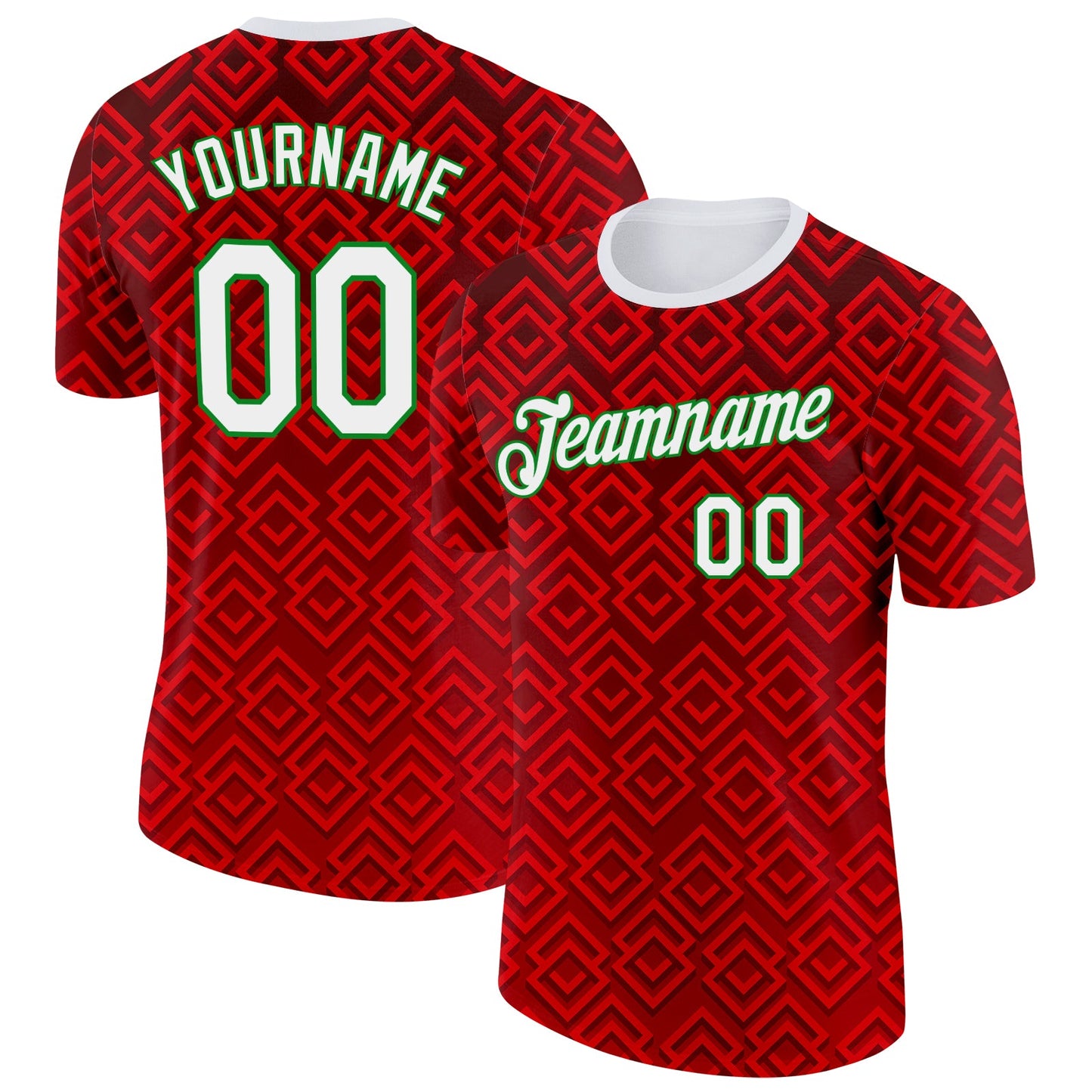 Custom Red White-Grass Green Portugal Geometric Performance T-Shirt - Main View