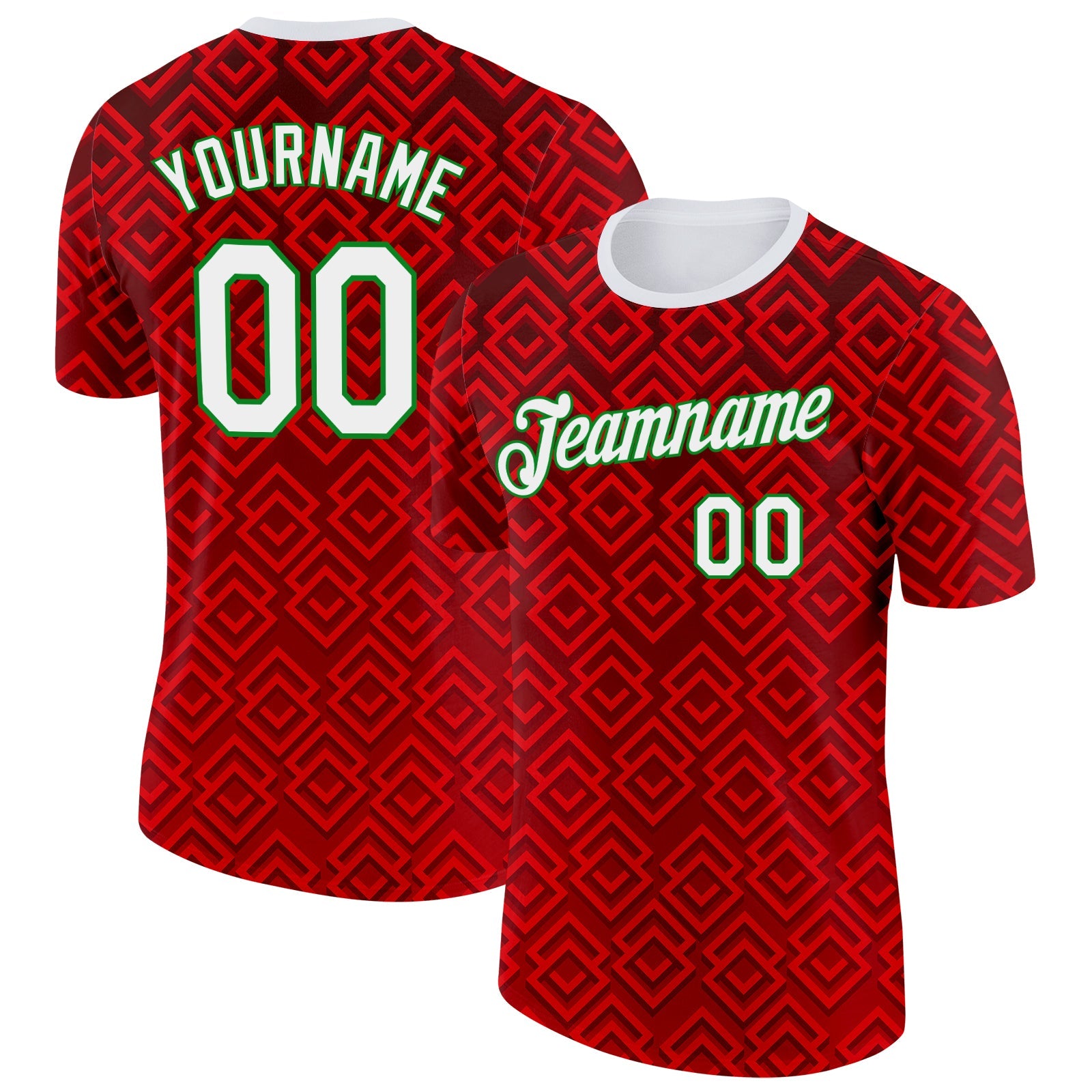 Custom Red White-Grass Green Portugal Geometric Performance T-Shirt - Main View
