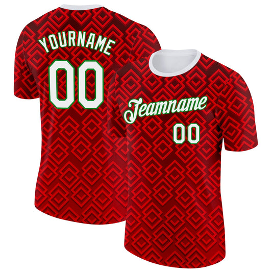 Custom Red White-Grass Green Portugal Geometric Performance T-Shirt - Main View
