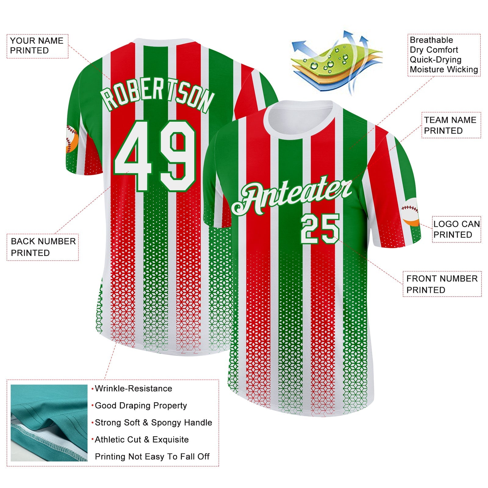 Custom White Grass Green-Red Portugal Stripe Geometric Performance T-Shirt view 2