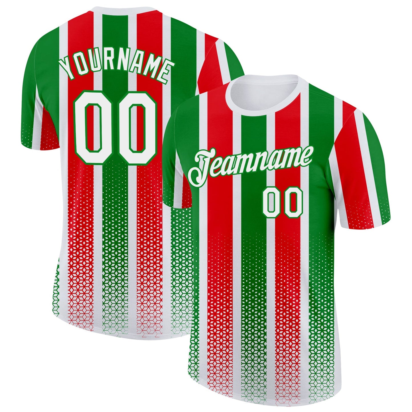 Custom White Grass Green-Red Portugal Stripe Geometric Performance T-Shirt - Main View