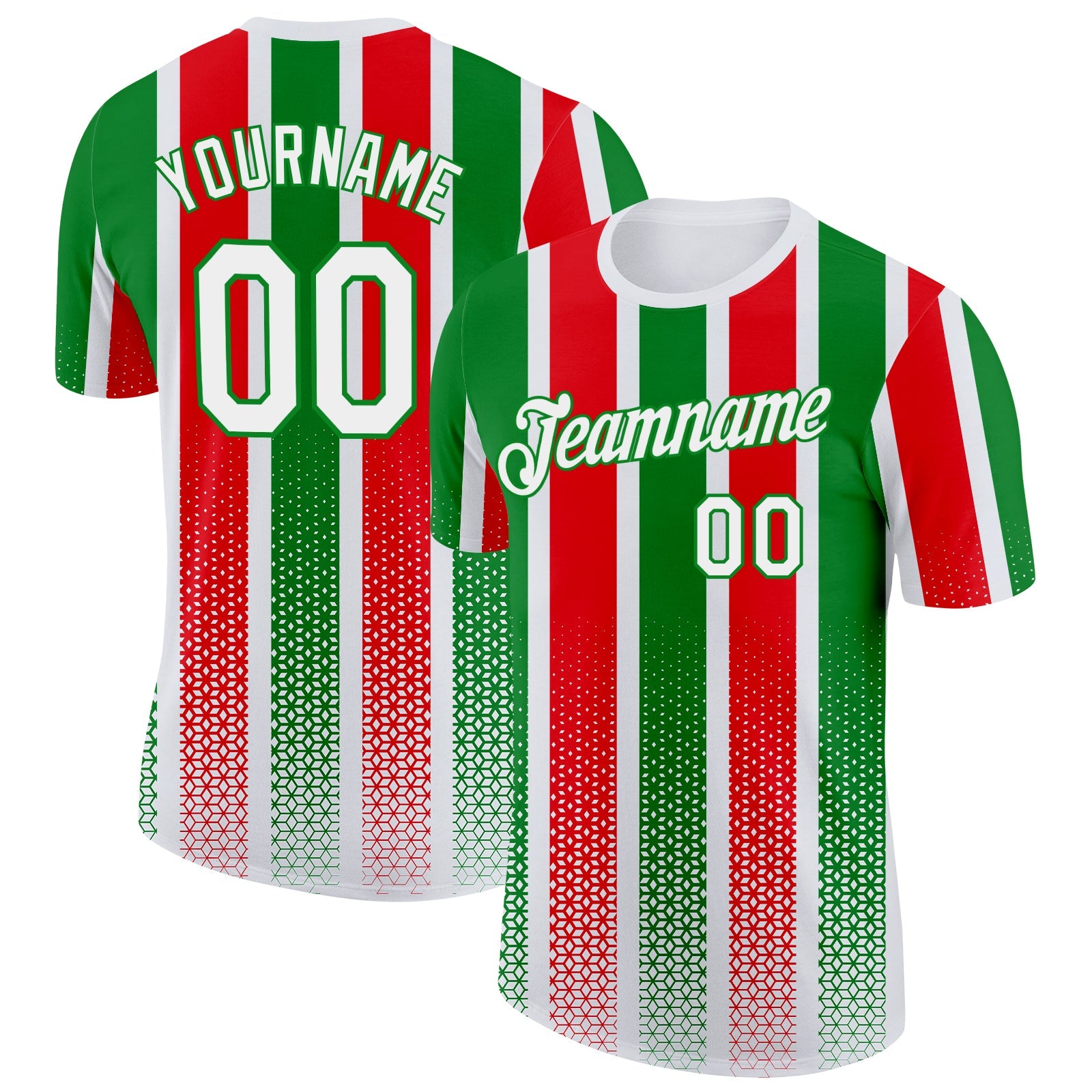 Custom White Grass Green-Red Portugal Stripe Geometric Performance T-Shirt - Main View