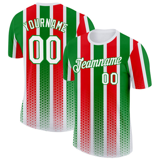 Custom White Grass Green-Red Portugal Stripe Geometric Performance T-Shirt - Main View