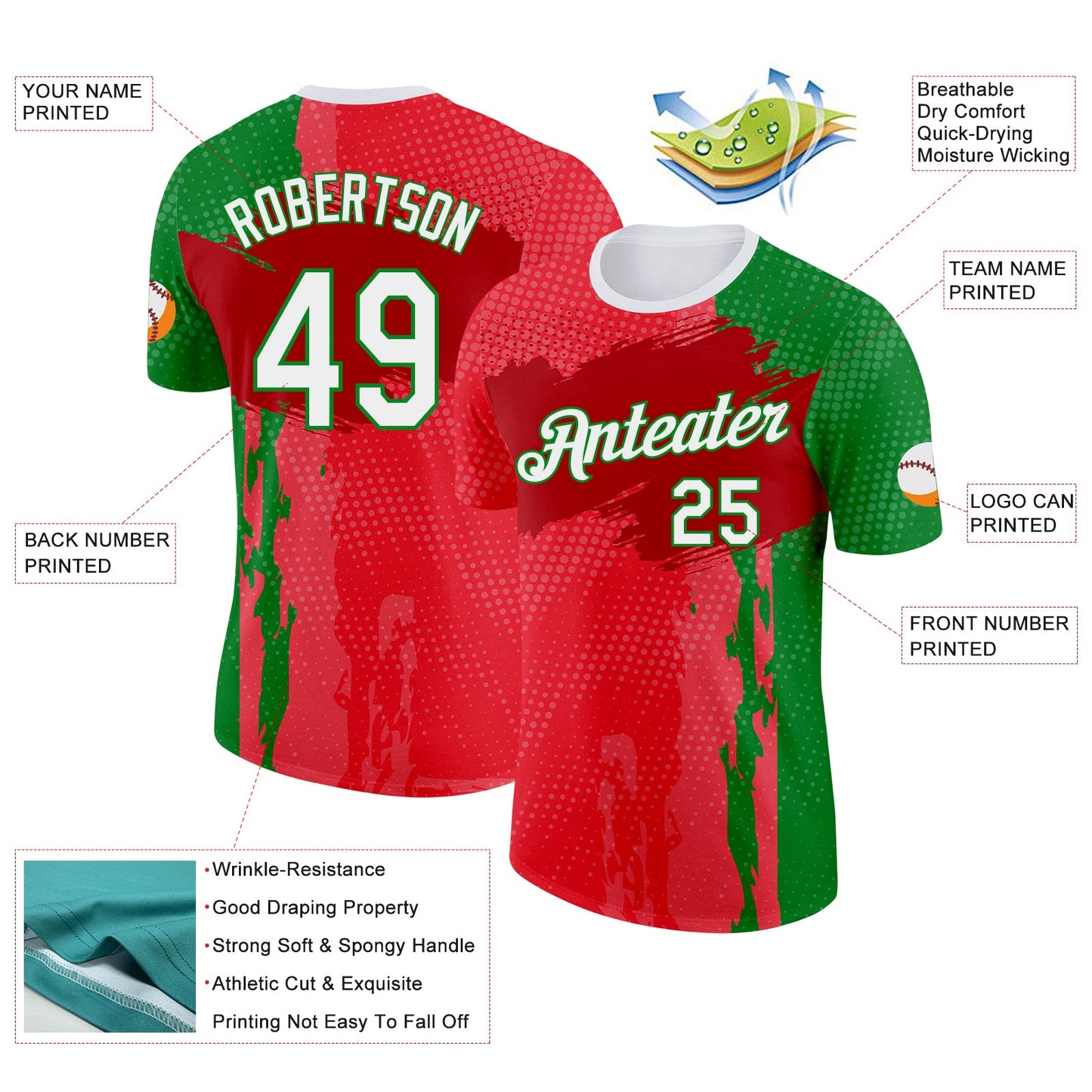 Custom Red White-Grass Green Portugal Grunge Splash Brush Stroke Polka Dot Performance T-Shirt view 2