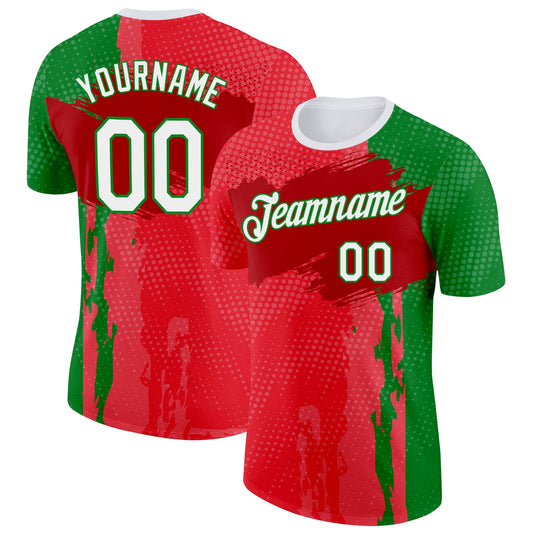 Custom Red White-Grass Green Portugal Grunge Splash Brush Stroke Polka Dot Performance T-Shirt - Main View