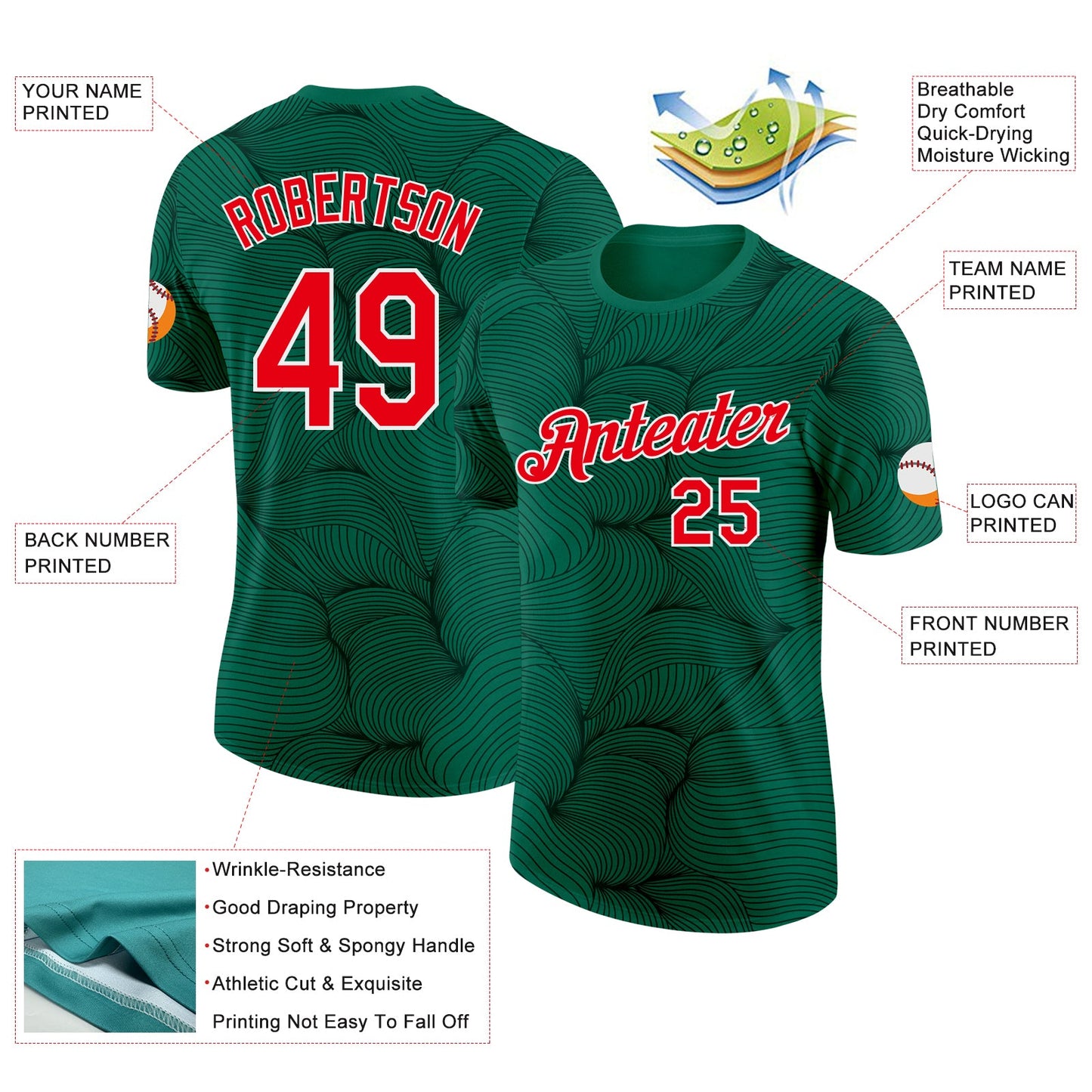 Custom Green Fire Red-White Portugal Abstract Wave Performance T-Shirt view 2