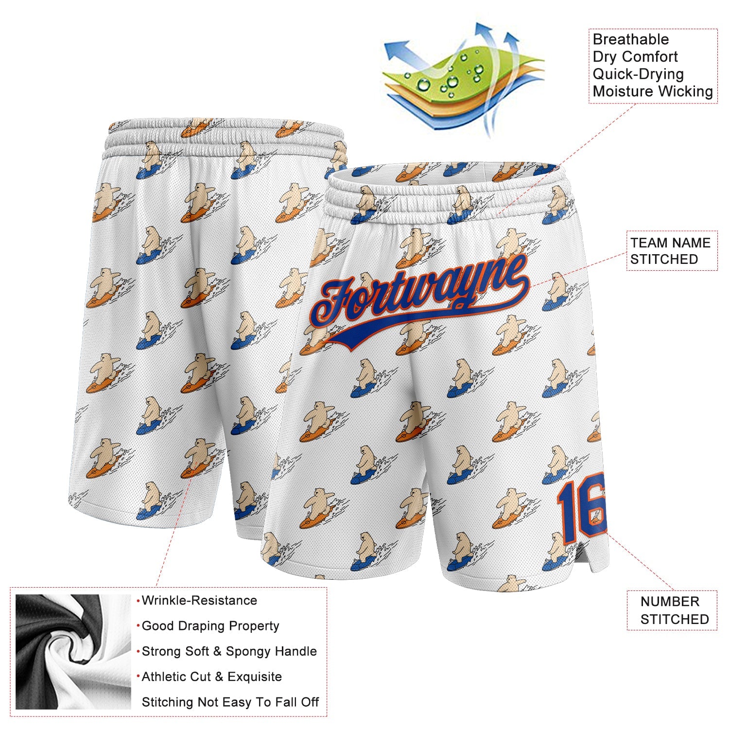 Custom White Royal-Orange 3D Pattern Bears Surfing Authentic Basketball Shorts view 2