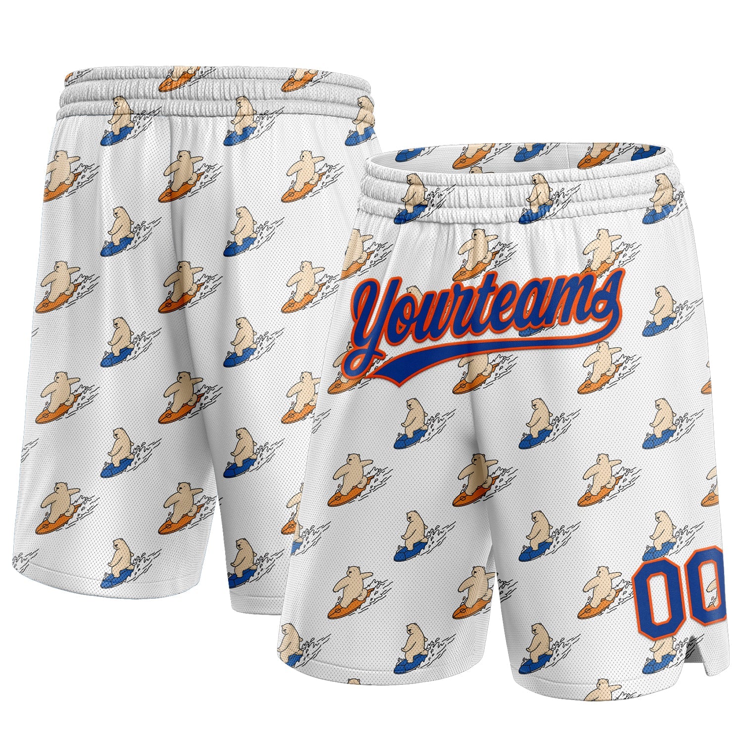 Custom White Royal-Orange 3D Pattern Bears Surfing Authentic Basketball Shorts - Main View