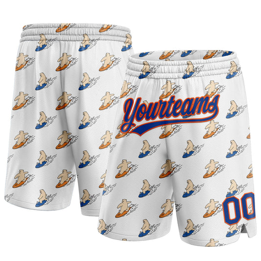 Custom White Royal-Orange 3D Pattern Bears Surfing Authentic Basketball Shorts - Main View