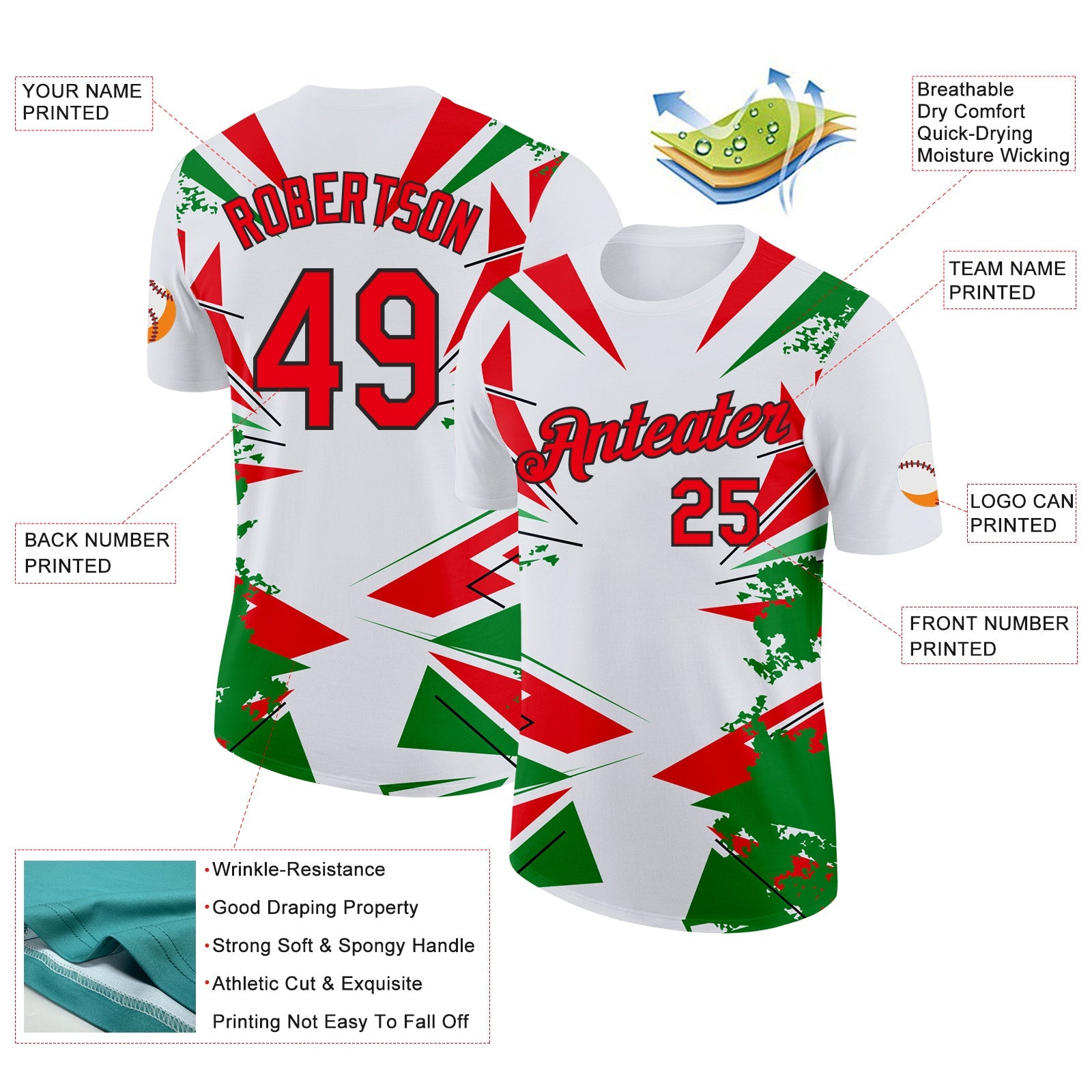 Custom White Fire Red Green-Black Portugal Geometric Performance T-Shirt view 2