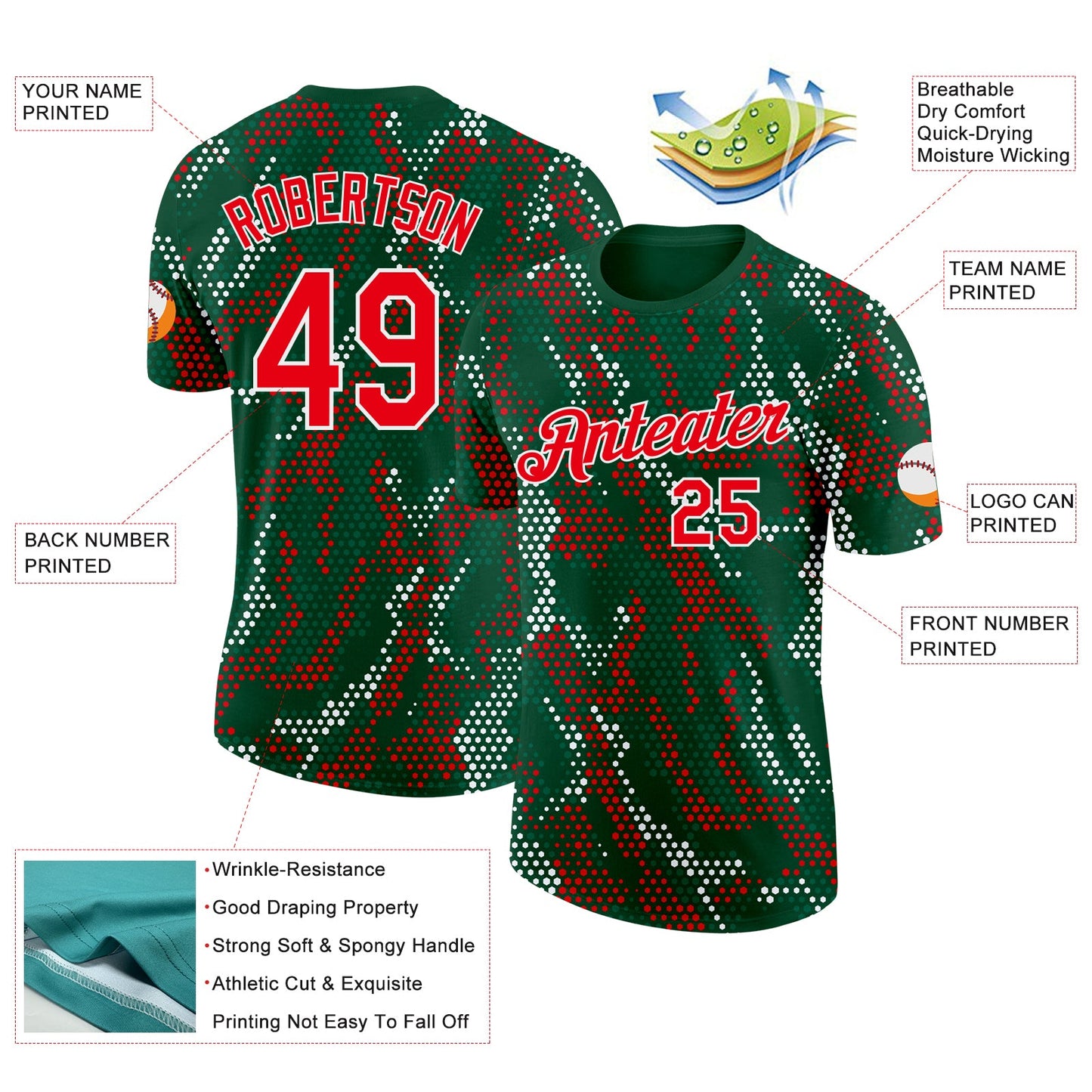Custom Green Fire Red-White Portugal Geometric Performance T-Shirt view 2