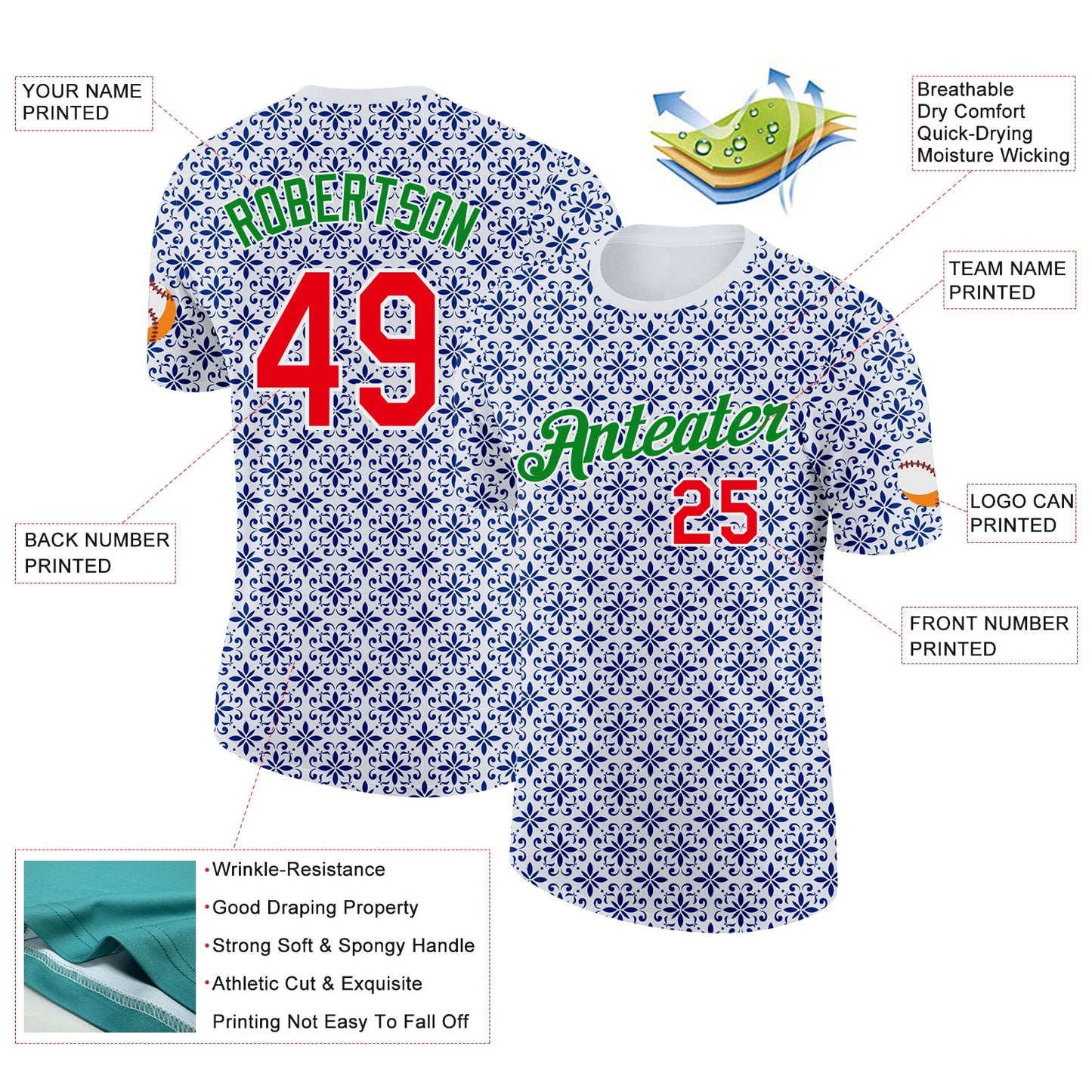 Custom White Fire Red Grass Green-Blue Portugal Floral Performance T-Shirt view 2