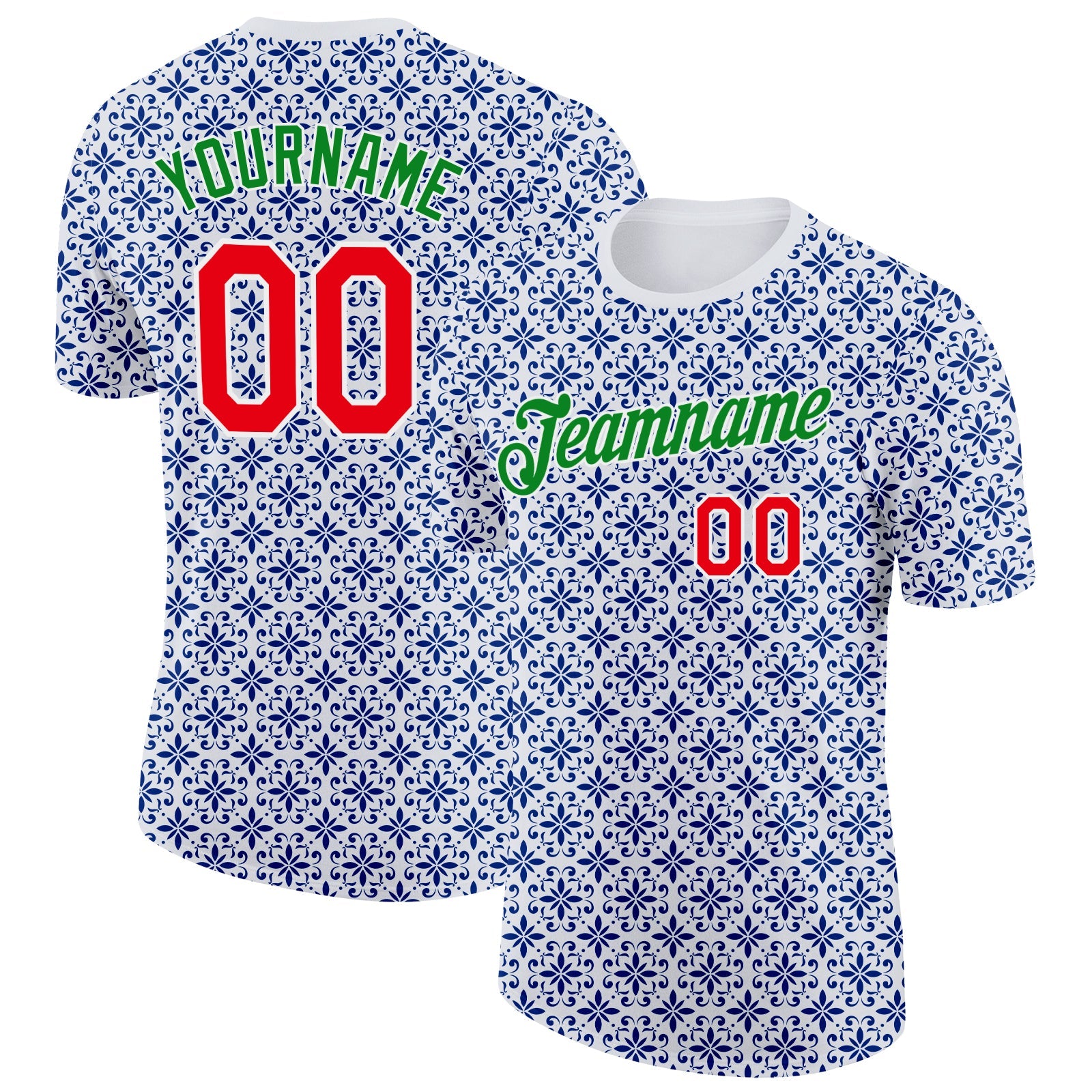 Custom White Fire Red Grass Green-Blue Portugal Floral Performance T-Shirt - Main View