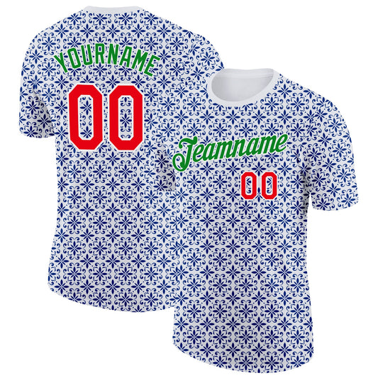 Custom White Fire Red Grass Green-Blue Portugal Floral Performance T-Shirt - Main View