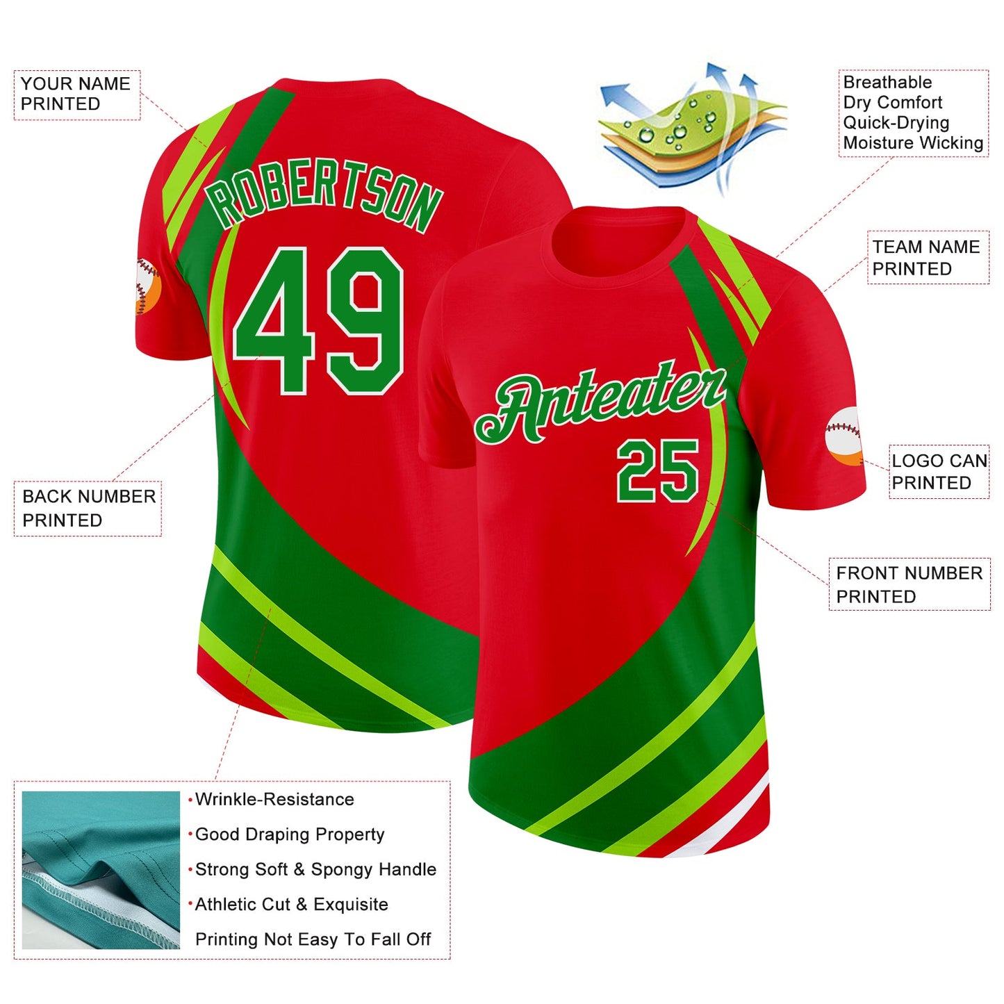 Custom Red Grass Green-White Portugal Stripe Color Block Performance T-Shirt view 2