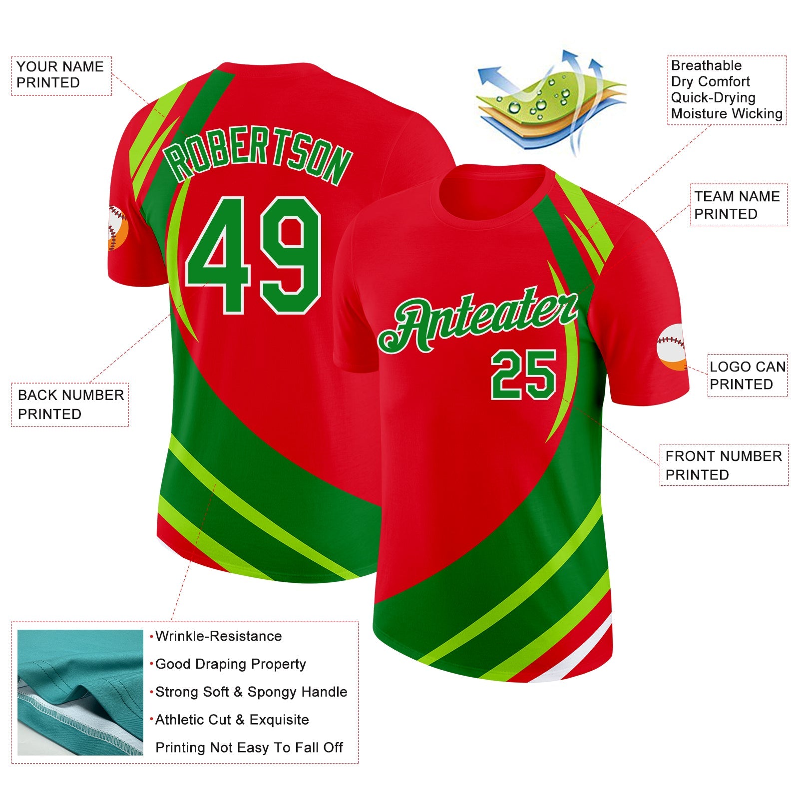 Custom Red Grass Green-White Portugal Stripe Color Block Performance T-Shirt view 2