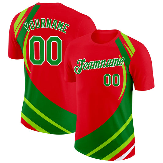 Custom Red Grass Green-White Portugal Stripe Color Block Performance T-Shirt - Main View