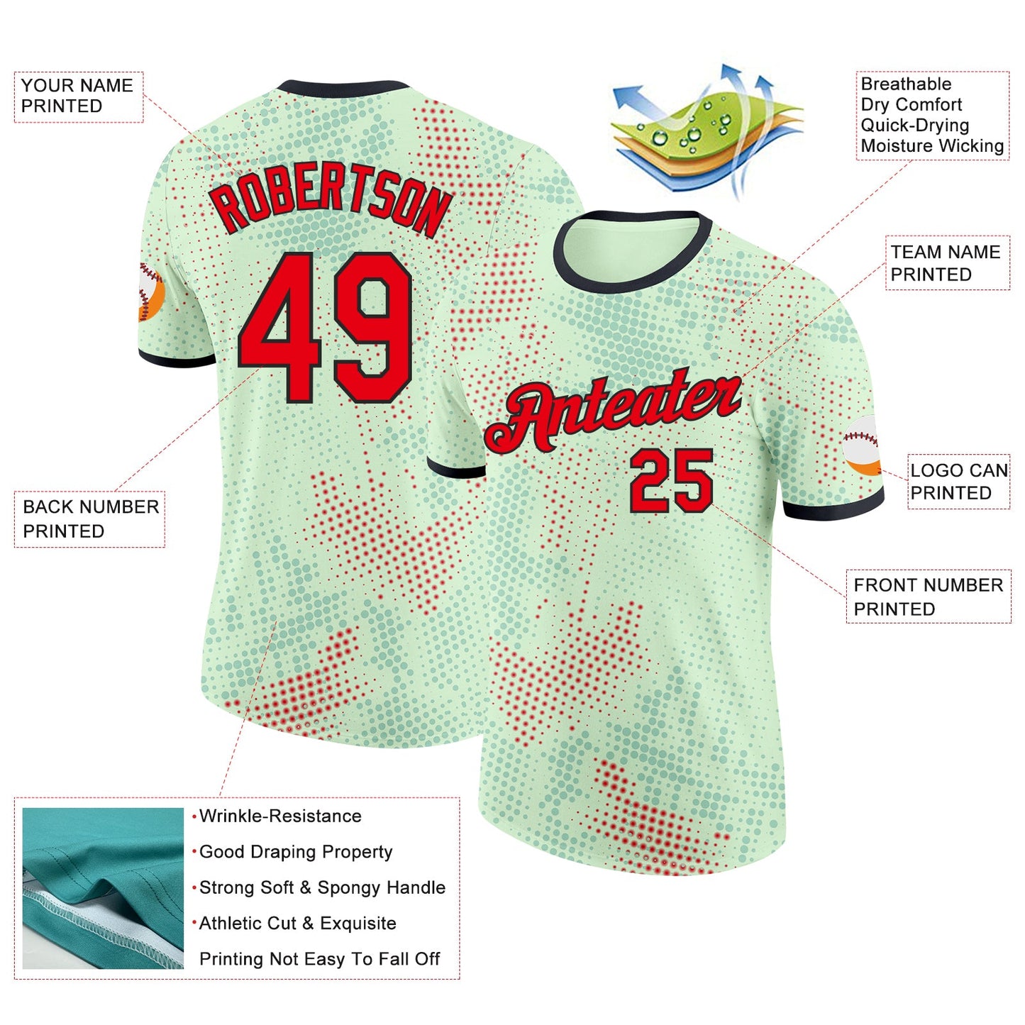 Custom Green Fire Red-Black Portugal Polka Dot Performance T-Shirt view 2