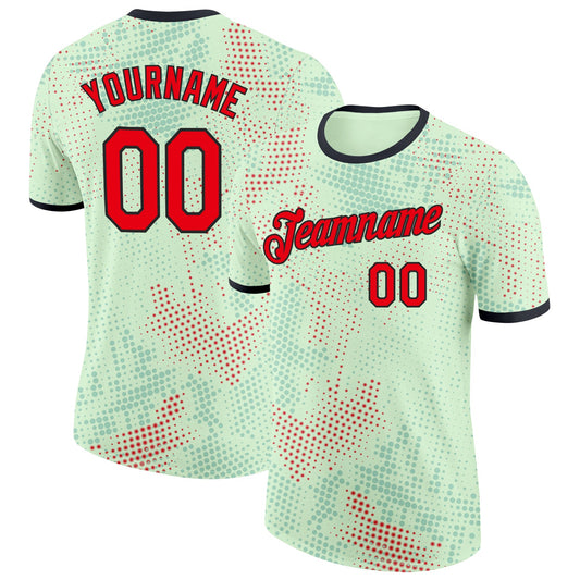 Custom Green Fire Red-Black Portugal Polka Dot Performance T-Shirt - Main View