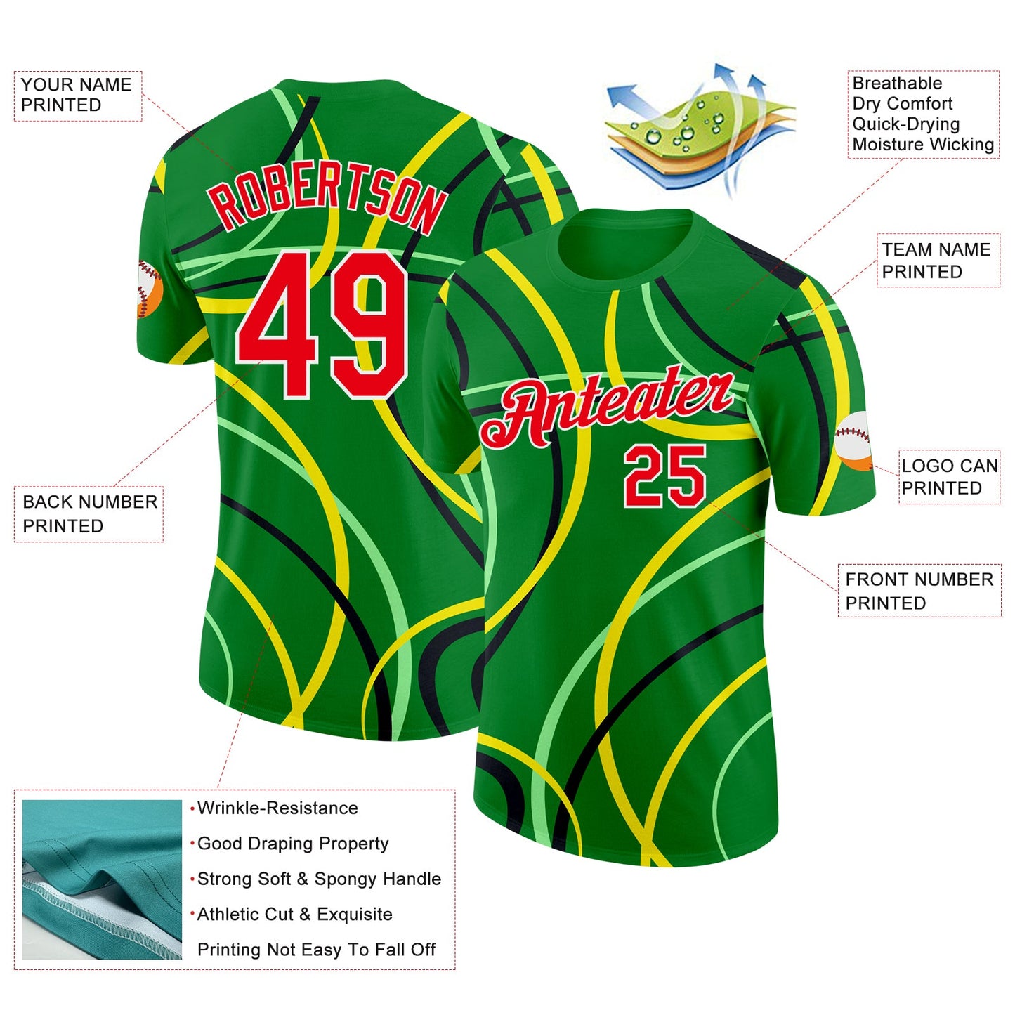 Custom Green Fire Red Yellow Black-White Portugal Curve Performance T-Shirt view 2