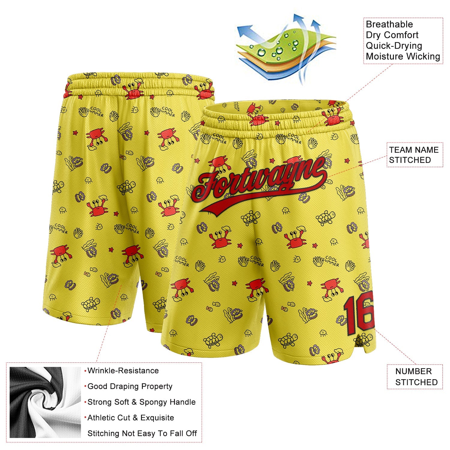 Custom Yellow Red-Black 3D Pattern Crabs And Shells Authentic Basketball Shorts view 2