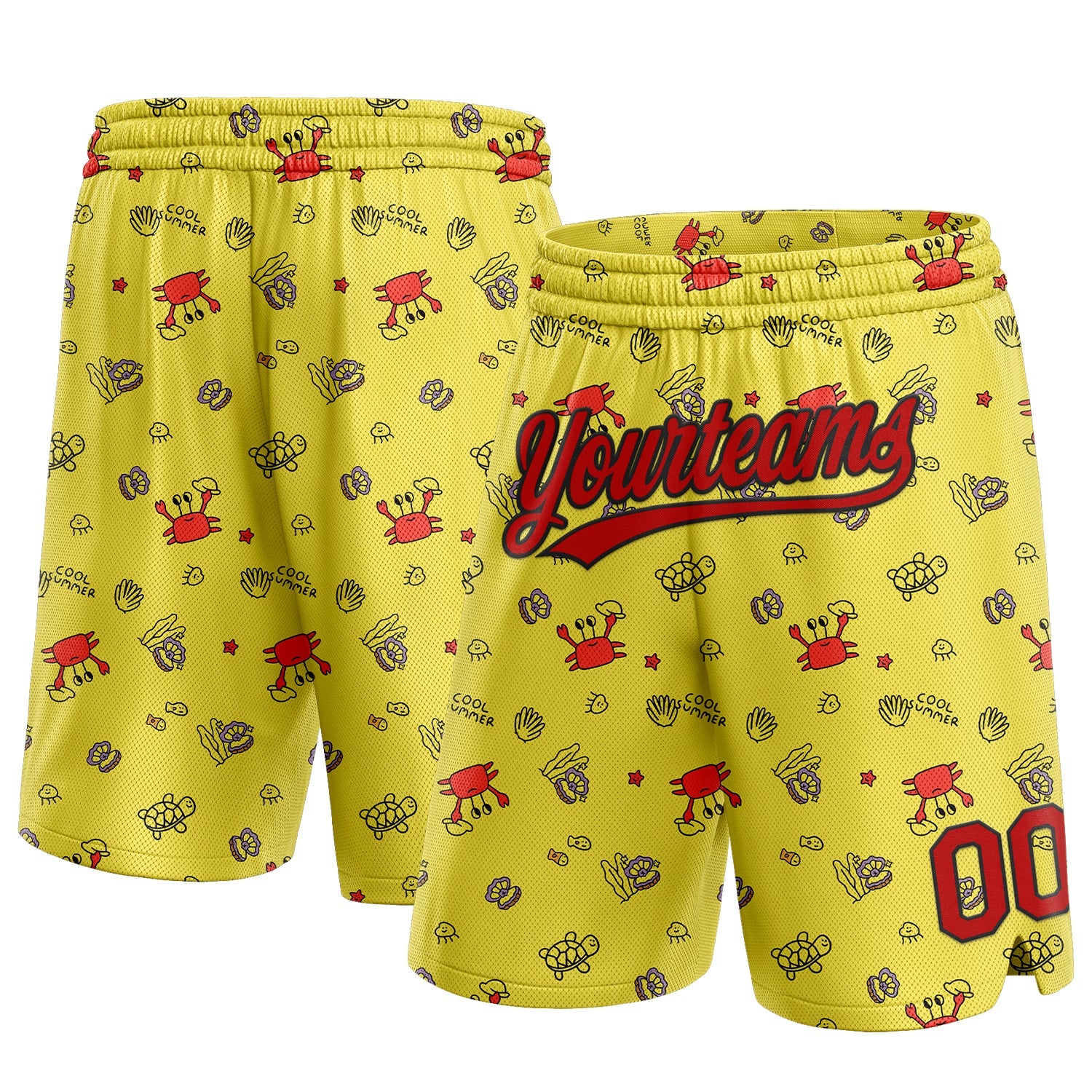 Custom Yellow Red-Black 3D Pattern Crabs And Shells Authentic Basketball Shorts - Main View