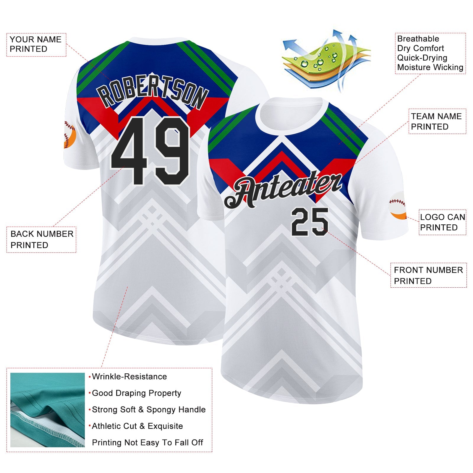 Custom White Black Gray Blue Green-Red New Caledonia Geometric Performance T-Shirt view 2