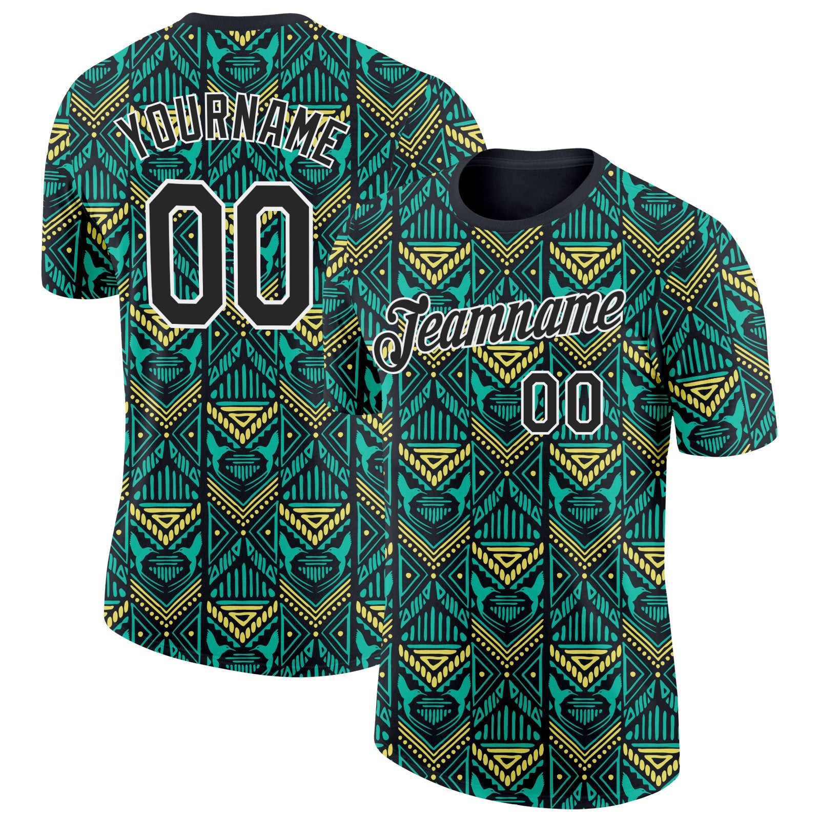 Custom Green Black Yellow-White Jamaica Geometric Performance T-Shirt - Main View