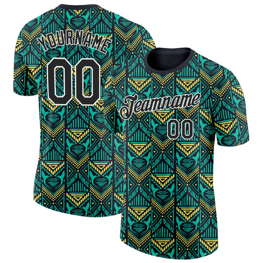 Custom Green Black Yellow-White Jamaica Geometric Performance T-Shirt - Main View