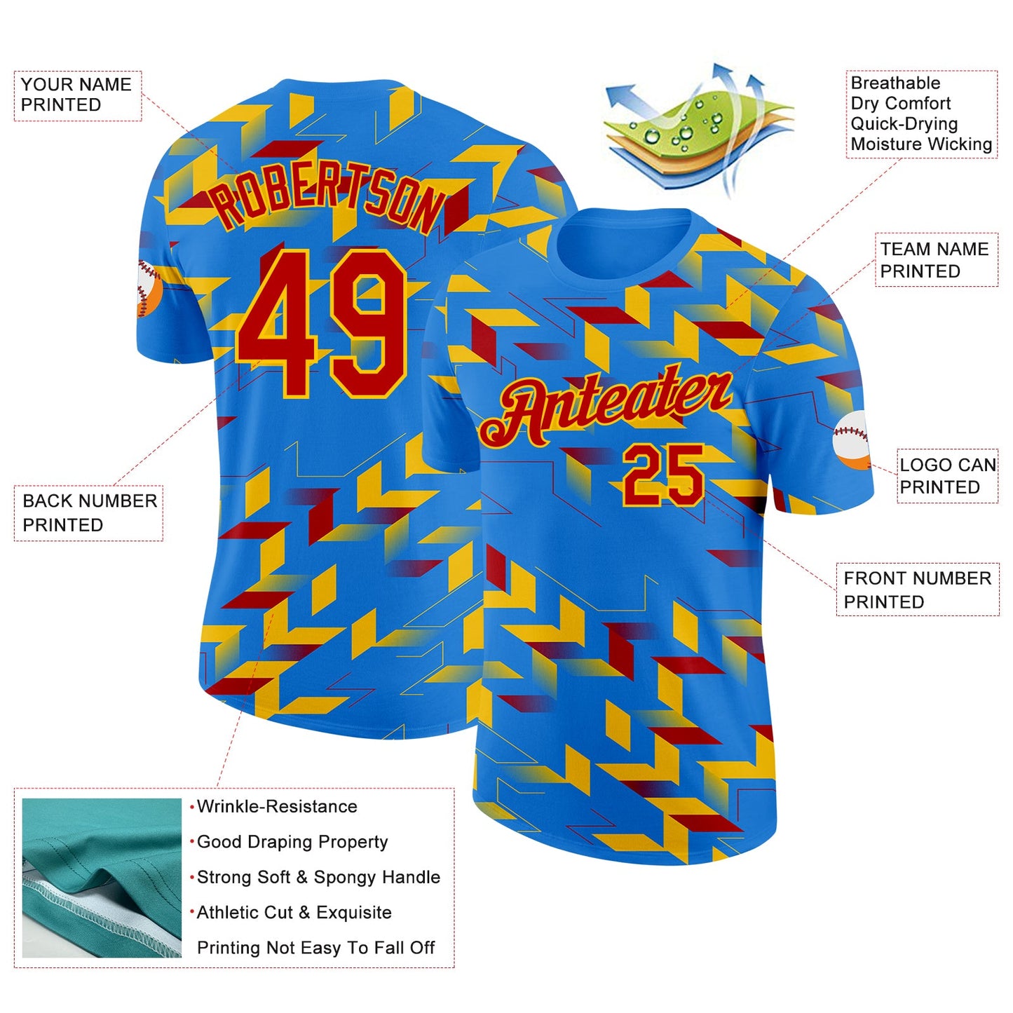 Custom Blue Red-Yellow Democratic Republic Of Congo Geometric Performance T-Shirt view 2