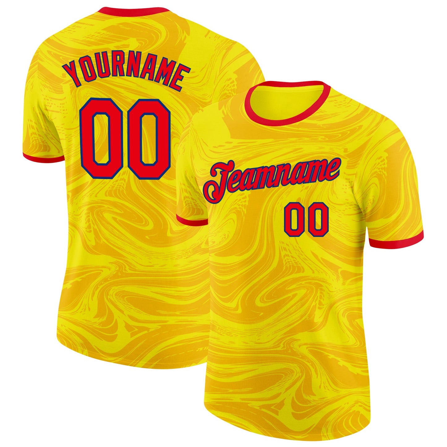 Custom Yellow Fire Red-Royal Colombia Fluid Liquid Performance T-Shirt - Main View