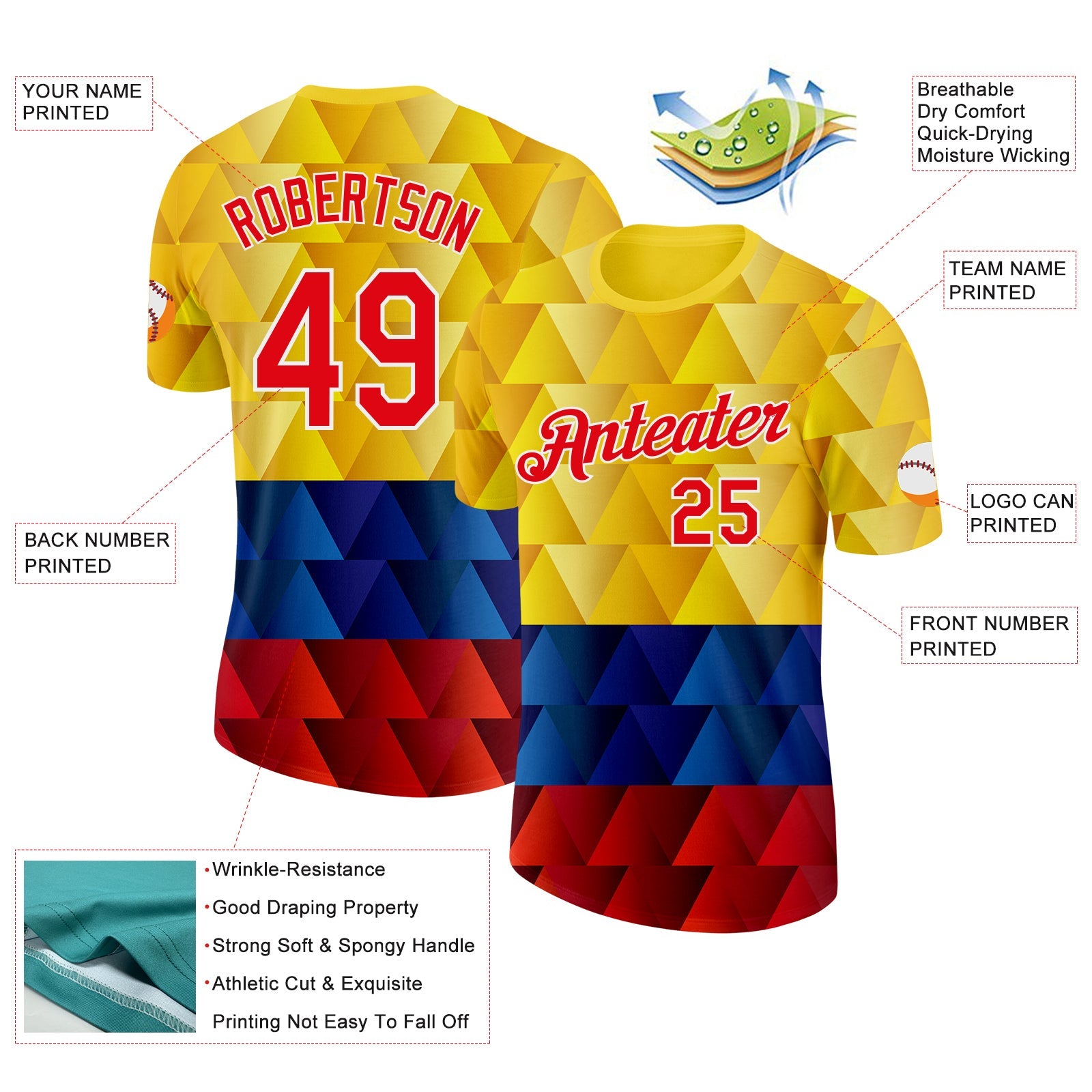 Custom Yellow Red Blue-White Colombia Geometric Performance T-Shirt view 2