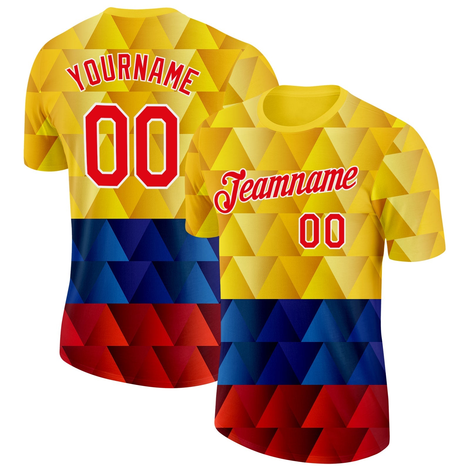 Custom Yellow Red Blue-White Colombia Geometric Performance T-Shirt - Main View