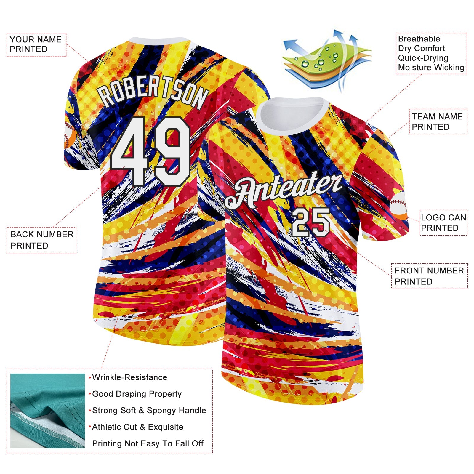 Custom White Yellow Red Blue-Black Colombia Splash Performance T-Shirt view 2