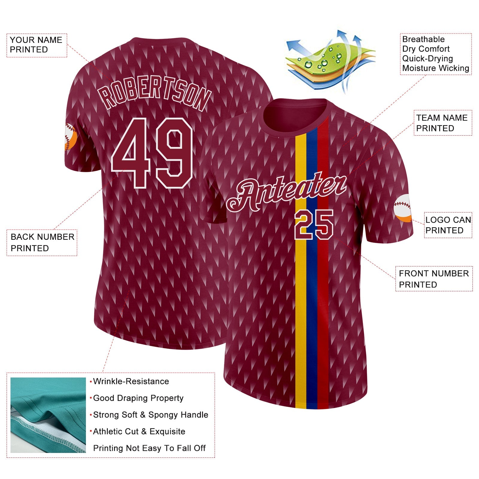 Custom Crimson Yellow Blue-White Colombia Geometric And Stripe Performance T-Shirt view 2