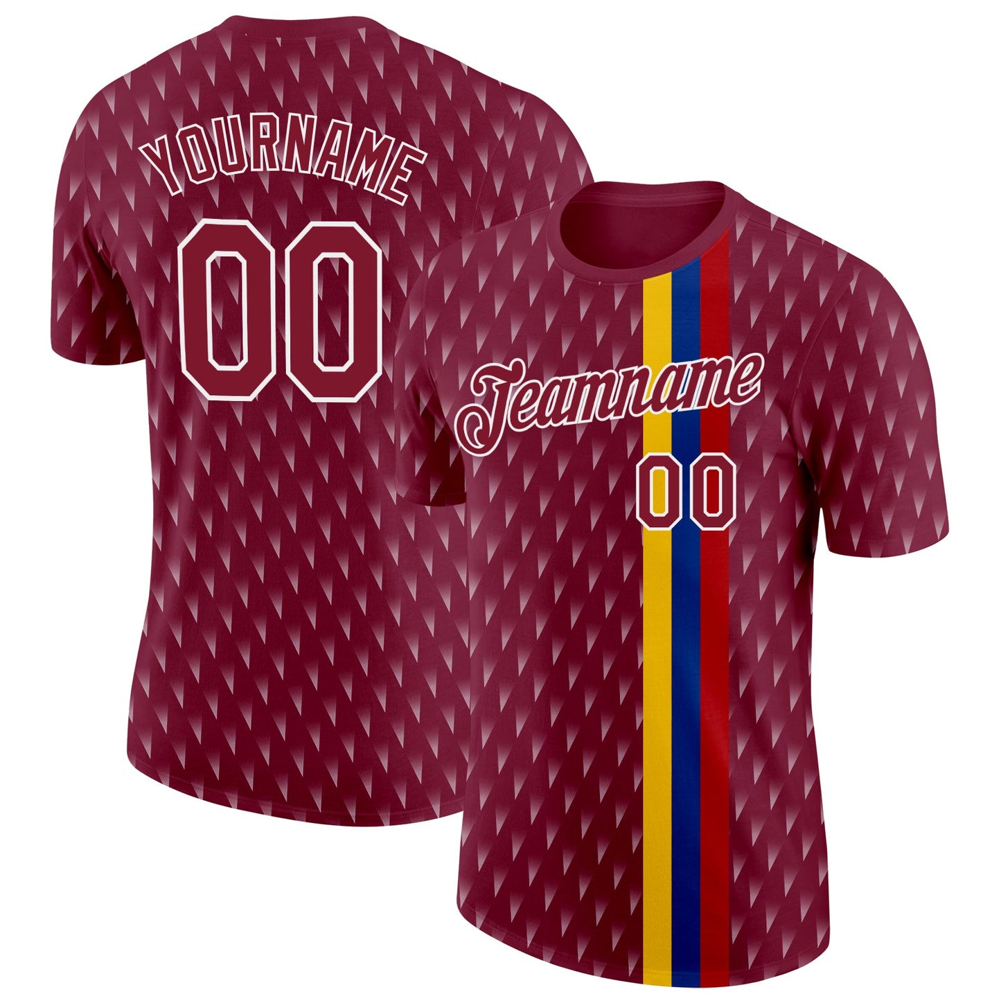 Custom Crimson Yellow Blue-White Colombia Geometric And Stripe Performance T-Shirt - Main View