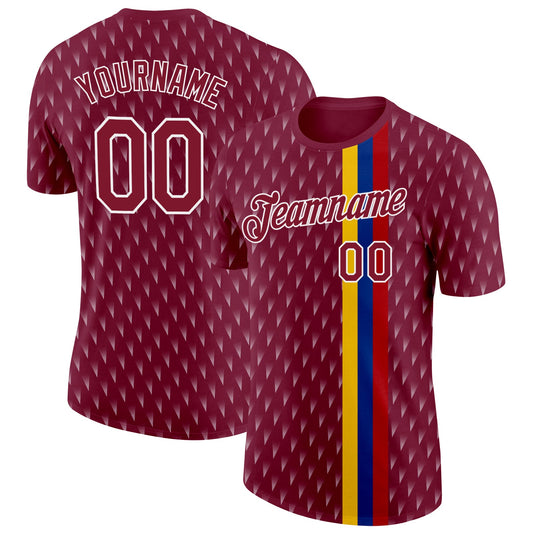 Custom Crimson Yellow Blue-White Colombia Geometric And Stripe Performance T-Shirt - Main View