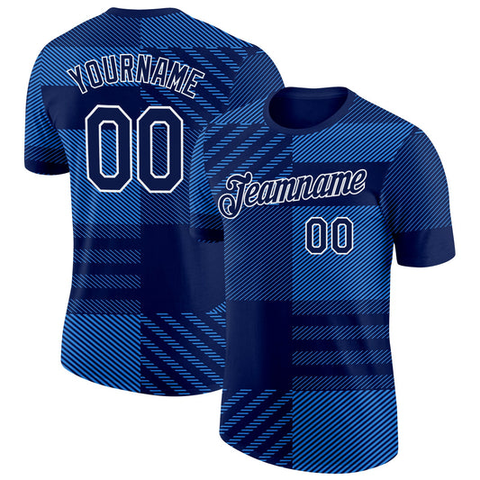 Custom Navy White-Blue Scotland Plaid Performance T-Shirt - Main View