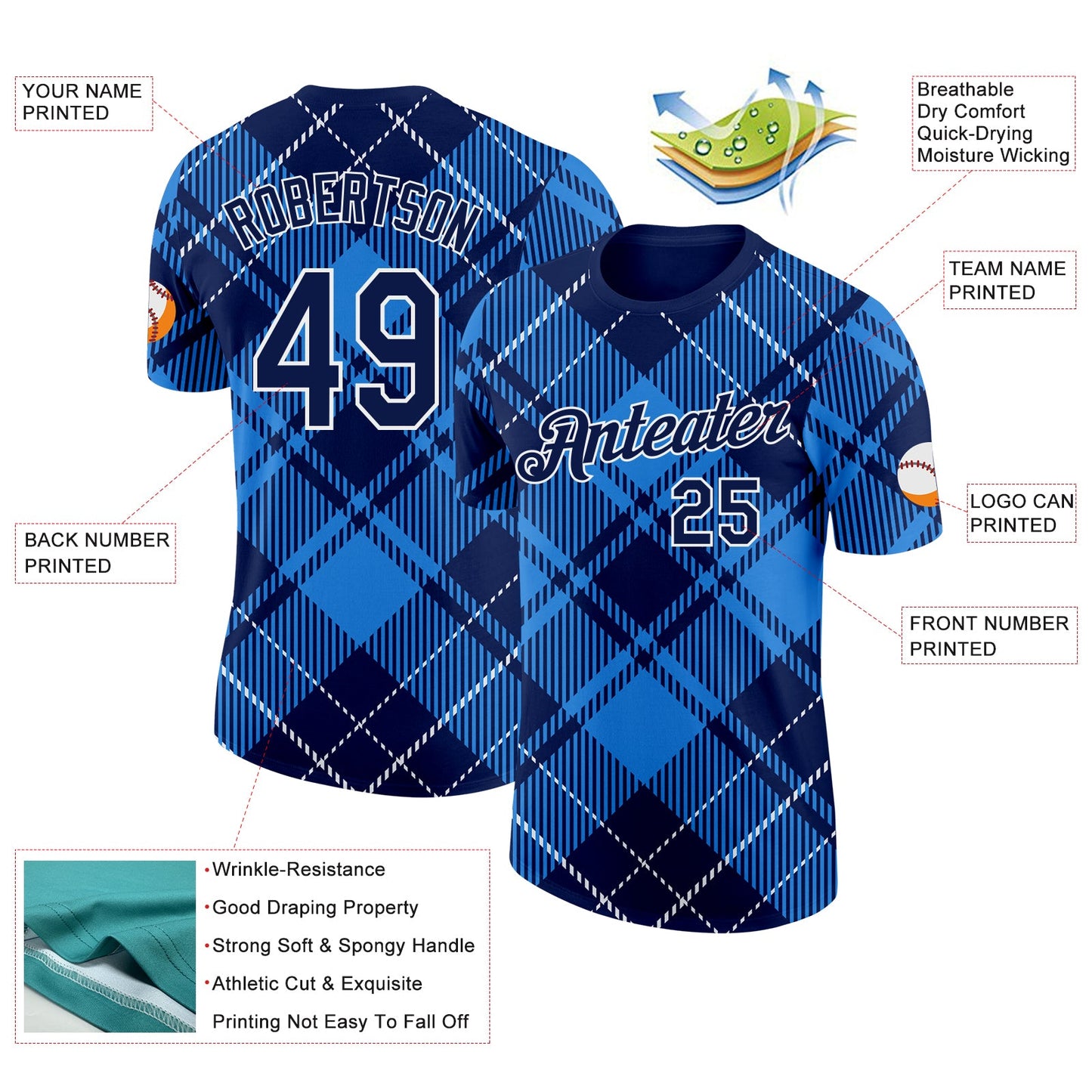 Custom Navy White-Powder Blue Scotland Plaid Performance T-Shirt view 2