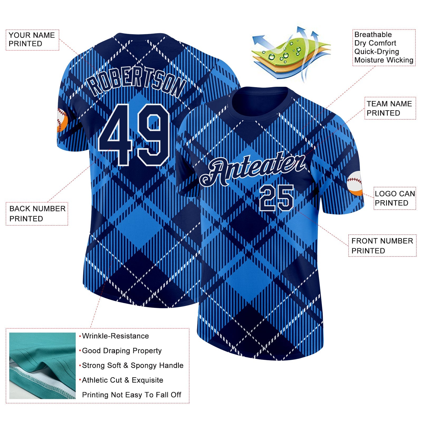 Custom Navy White-Powder Blue Scotland Plaid Performance T-Shirt view 2