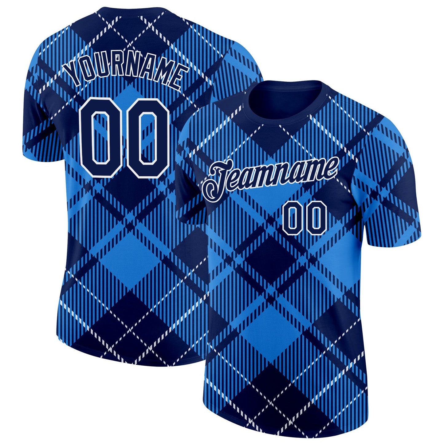 Custom Navy White-Powder Blue Scotland Plaid Performance T-Shirt - Main View