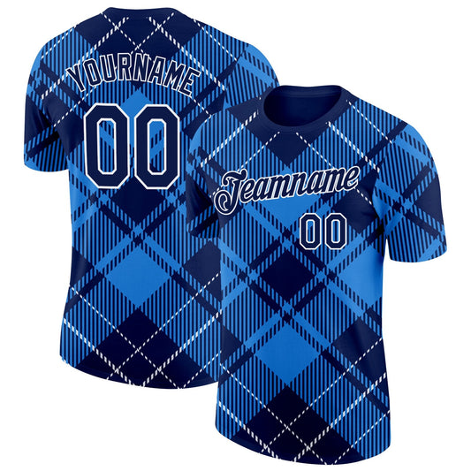Custom Navy White-Powder Blue Scotland Plaid Performance T-Shirt - Main View