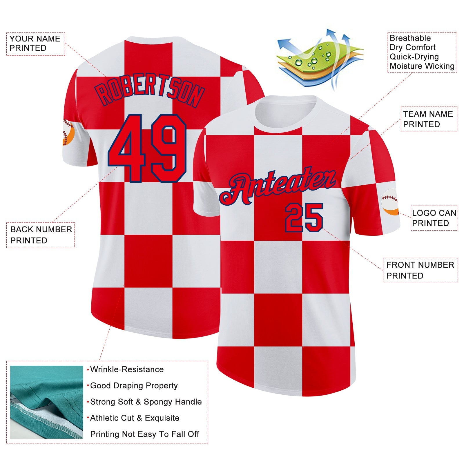 Custom White Fire Red-US Navy Blue Croatia Plaid Performance T-Shirt view 2