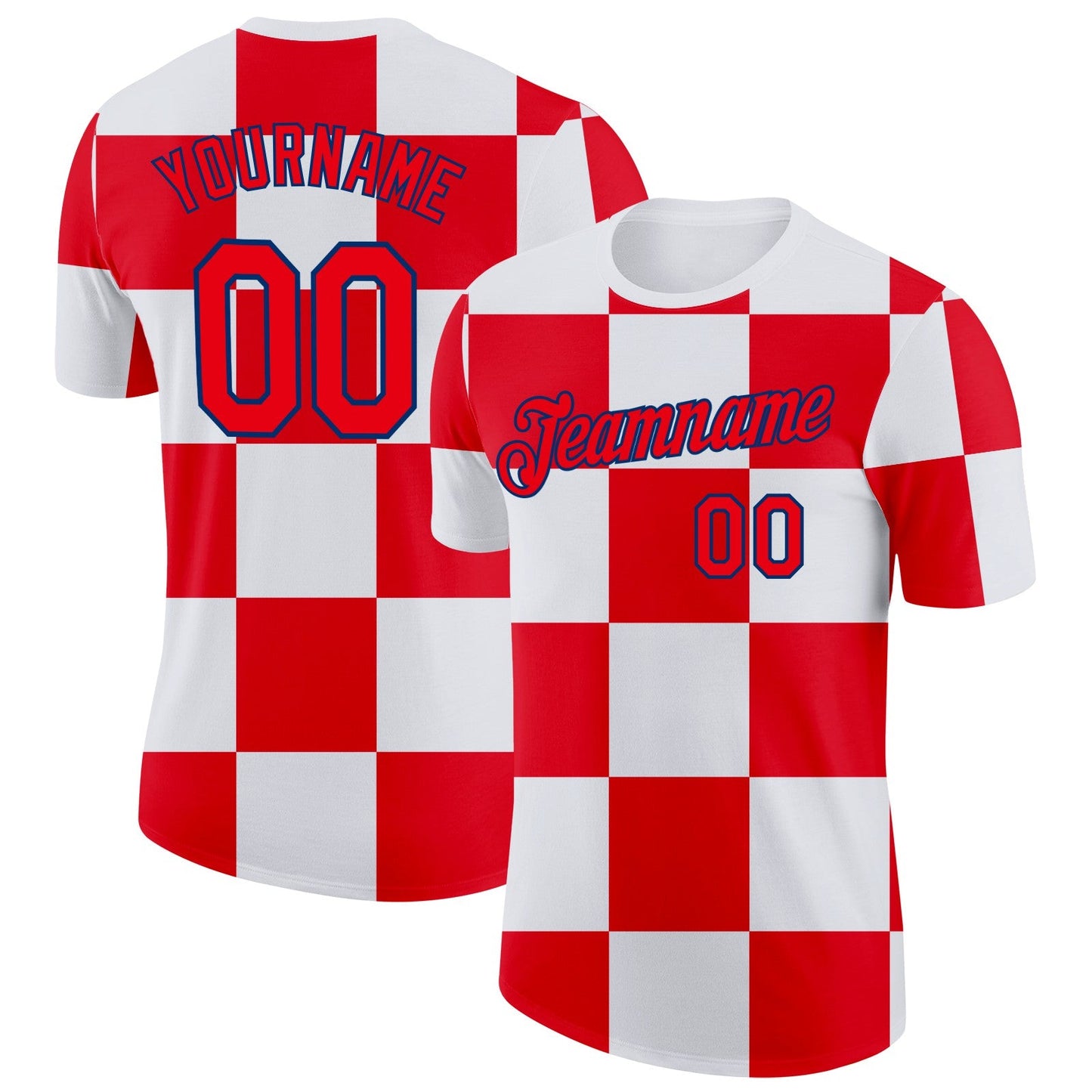 Custom White Fire Red-US Navy Blue Croatia Plaid Performance T-Shirt - Main View