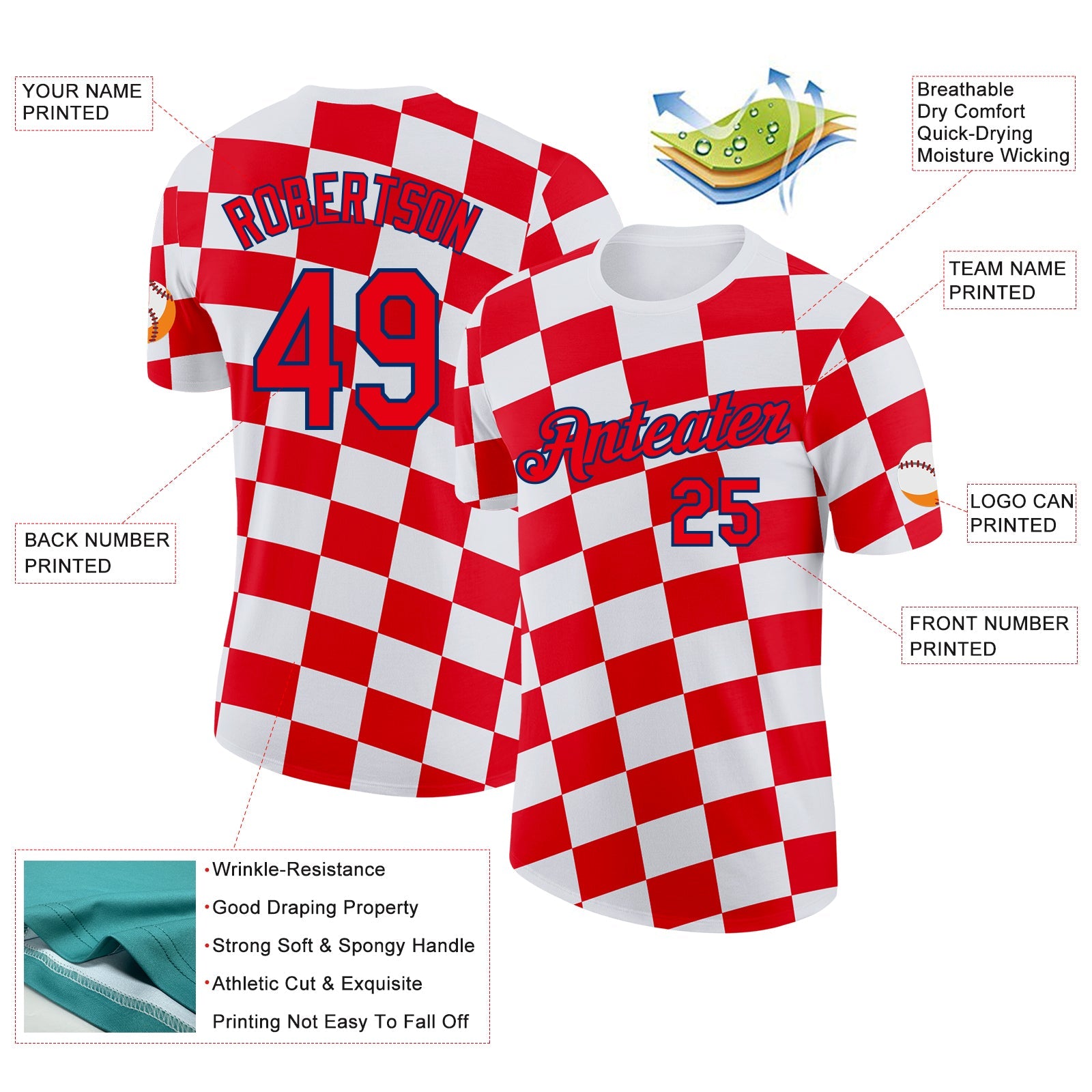 Custom White Fire Red-US Navy Blue Croatia Plaid Performance T-Shirt view 2